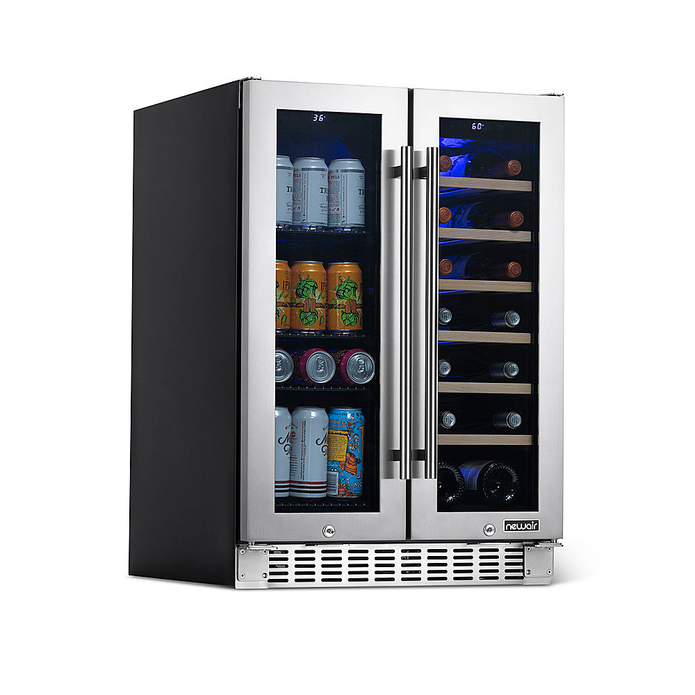 NewAir - 18-Bottle or 58-Can French Door Dual Zone Wine Refrigerator with SplitShelf and Beech Wood Shelves - Stainless Steel -