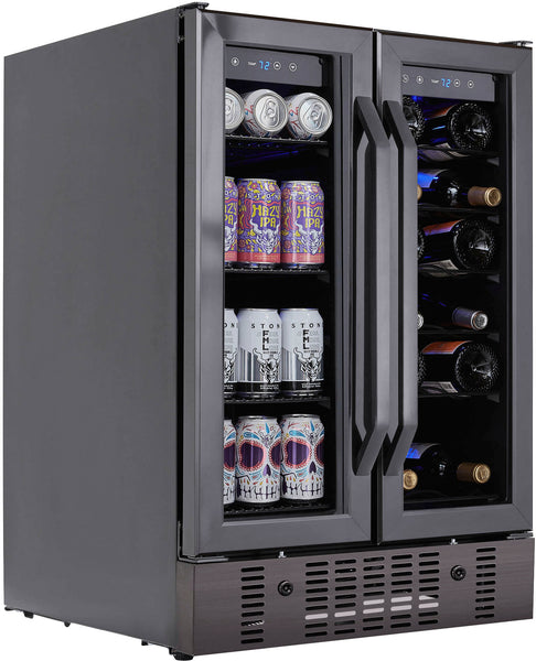 NewAir - 18 Bottle and 58 Can Built-in Dual Zone Wine and Beverage Cooler with French Doors and Adjustable Shelves - Black Stainless Steel -