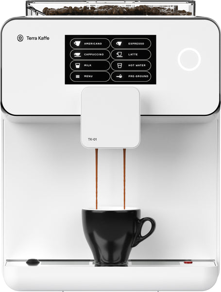 Terra Kaffe - Super Automatic Programmable Espresso Machine with 9 Bars of Pressure, Milk Frother, & Automatic Grinder - White -