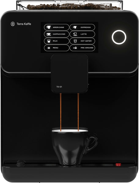 Terra Kaffe - Super Automatic Programmable Espresso Machine with 9 Bars of Pressure, Milk Frother, & Automatic Grinder - Black -