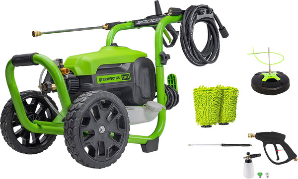 Greenworks - Electric Pressure Washer up to 3000 PSI at 2.0 GPM Combo Kit with short gun, mitts, and 15" surface cleaner - Green -
