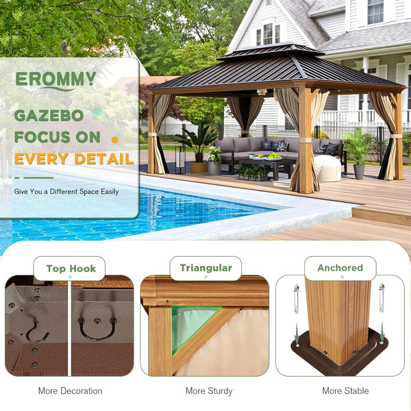 EROMMY 12'x16' Gazebo Hardtop, Galvanized Steel Double Roof Metal Gazebo with Aluminum Frame, Permanent Outdoor Pavilion with Curtain and Netting for Patio, Lawn and Garden, Brown