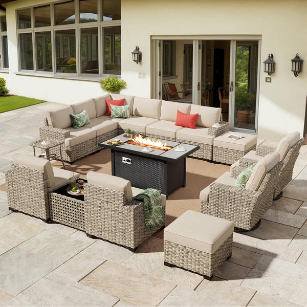 HOOOWOOO Outdoor Sectional Patio Furniture Set with Fire Pit Table,15 Pieces Wicker Conversation Sets L Shaped Couch,Extra Deep Out Door Sofa Outside Furniture with Swivel Chairs Ottomans,Beige