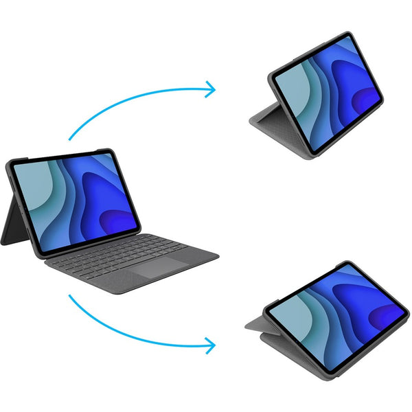 Logitech Folio Touch Keyboard/Cover Case (Folio) for 11" Apple, Logitech iPad Pro, iPad Pro (2nd Generation), iPad Pro (3rd Generation) Tablet - Oxford Gray - 920-009743