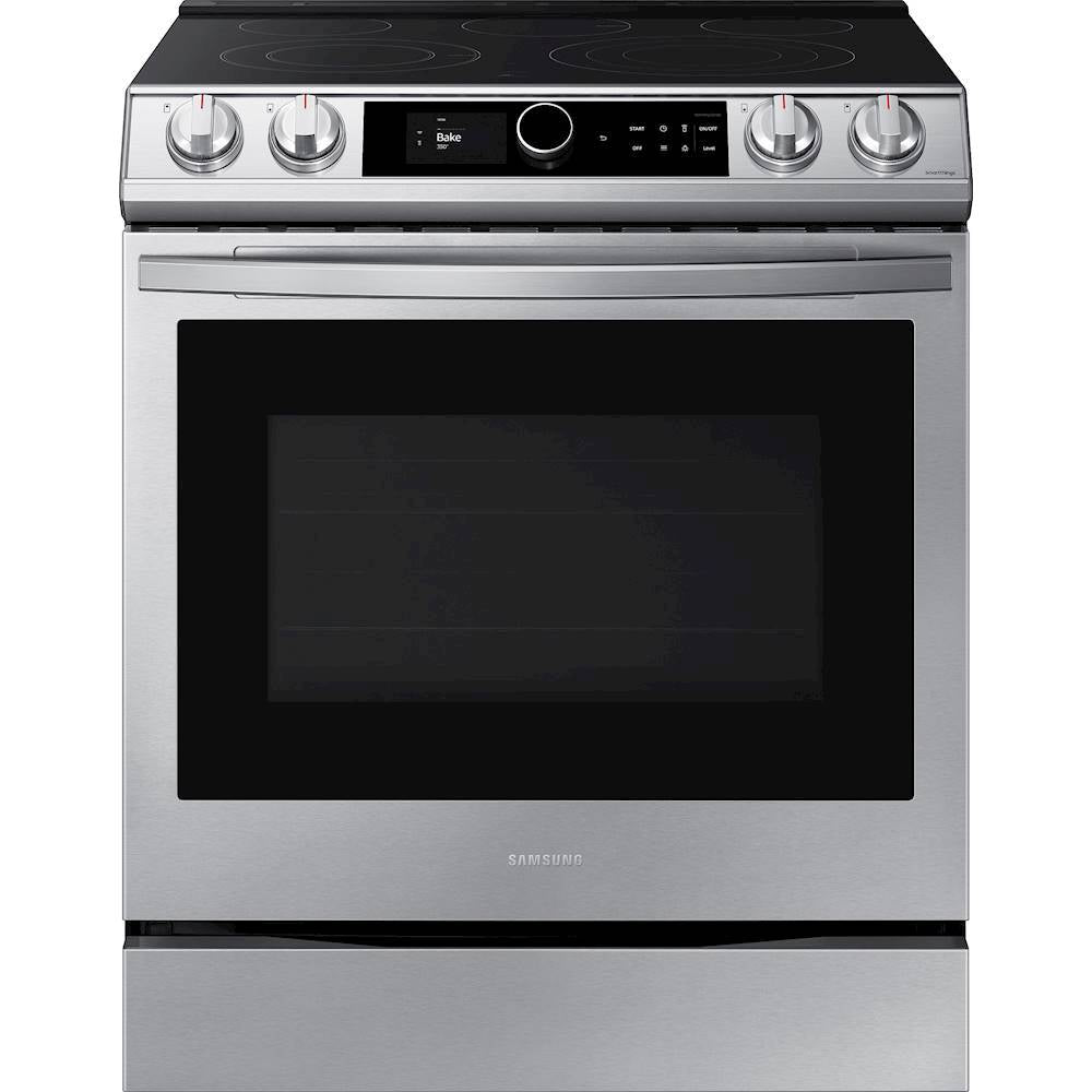 Samsung - 6.3 cu. ft. Front Control Slide-in Electric Convection Range with Smart Dial, Air Fry & Wi-Fi, Fingerprint Resistant - Stainless Steel -